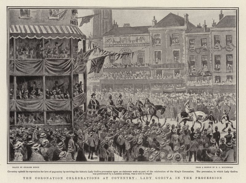 Korunovační oslavy v Coventry, lady Godiva v průvodu litho od Georges Redon