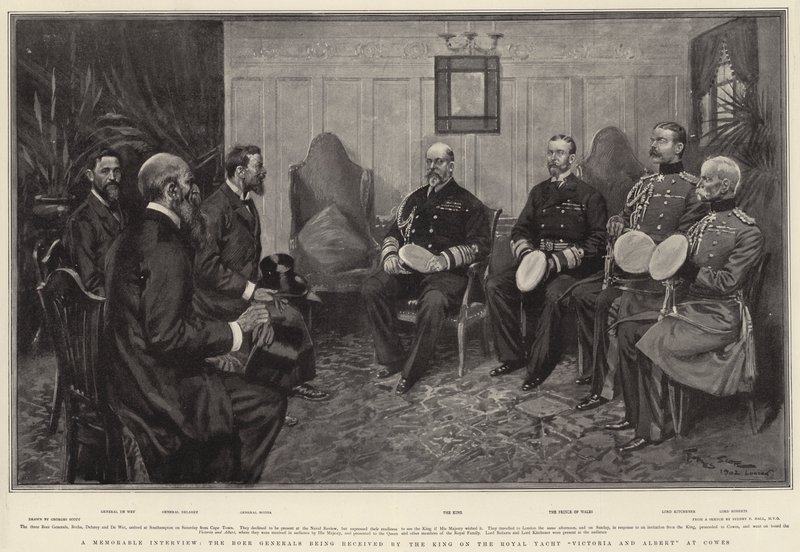 Památný rozhovor, búrští generálové jsou přijímáni králem na královské jachtě Victoria a Albert v Cowes od Georges Bertin Scott