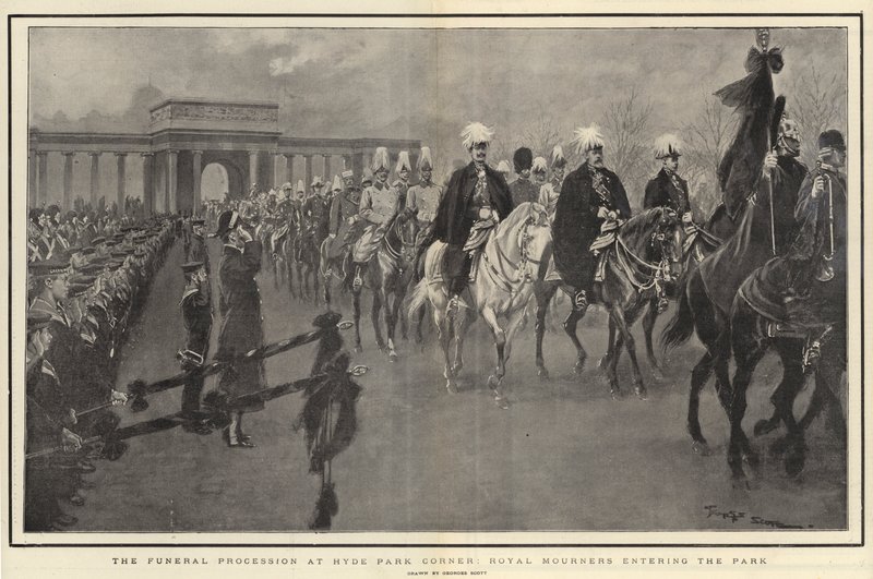 Smuteční průvod v Hyde Park Corner, Royal Mourners vstupující do parku od Georges Bertin Scott