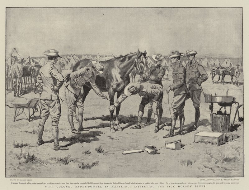 S plukovníkem Baden-Powellem v Mafekingu, inspekci linií nemocných koní od Georges Bertin Scott