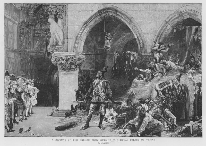 Francouzští vojáci tábořili před Dóžecím palácem v Benátkách, francouzské revoluční války od Georges Clairin