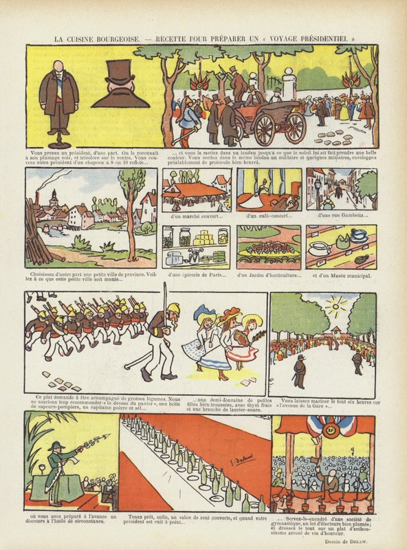 Buržoazní kuchyně. Recept na prezidentskou cestu. Ilustrace pro Le Rire od Georges Delaw