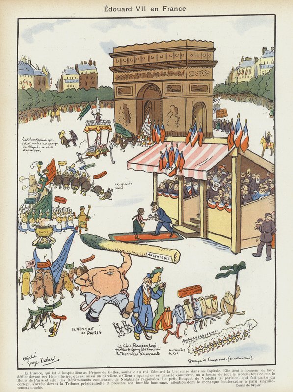 Návštěva krále Eduarda VII. ve Francii. Ilustrace k filmu Le Rire od Georges Delaw