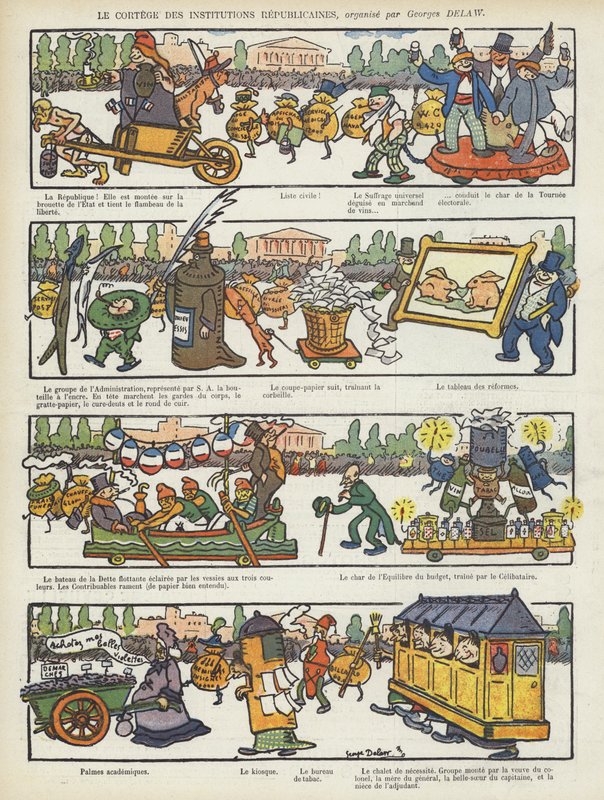 Průvod republikových institucí. Ilustrace pro Le Rire od Georges Delaw