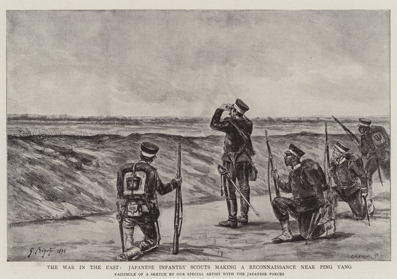 Válka na východě, japonští pěší skauti provádějí průzkum poblíž Ping Yang od Georges Ferdinand Bigot