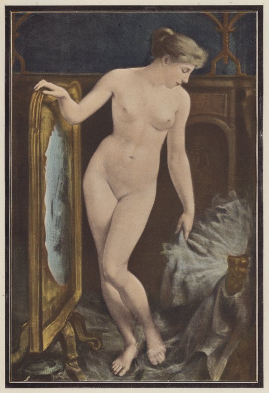 Žena uvažuje o pokrývce hlavy (barva litho) od Georges Roussin