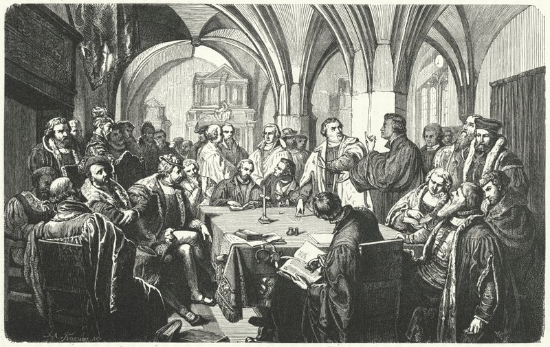 Náboženská debata mezi Martinem Lutherem a Huldrychem Zwinglim na Marburském kolokviu, 1529 od German School