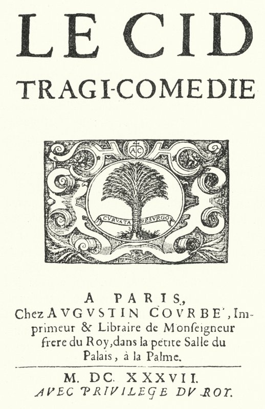 Titulní strana z prvního vydání Le Cid od francouzského dramatika Pierra Corneille, vydaného v roce 1637 od German School