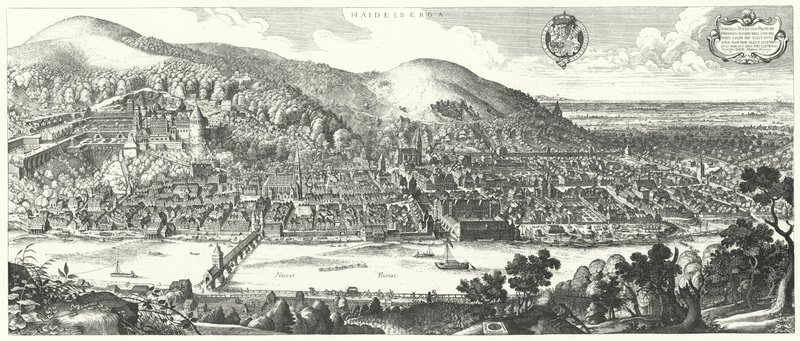 Pohled na Heidelberg v roce 1620 před jeho zničením ve třicetileté válce od German School