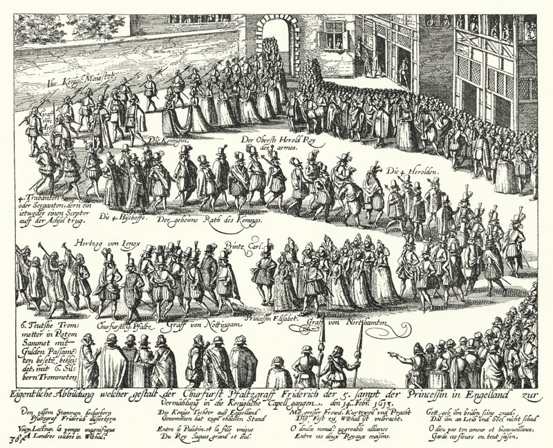 Svatební průvod Fridricha V., kurfiřta Palatina a Alžběty Stuartovny, dcery anglického krále Jakuba I., Londýn, 1613 od German School