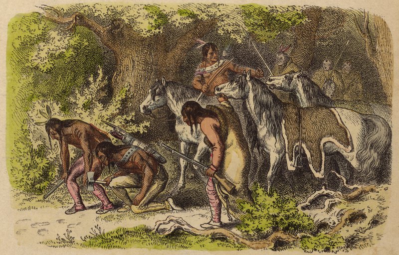 Indiánská válečná skupina sledující své nepřátele (barevná rytina) od German School