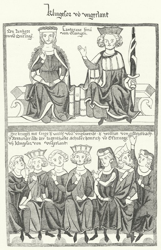 Vyobrazení Sangerkrieg, soutěže mezi pěvci na hradě Wartburg v Durynsku v roce 1207, z Codexu Manesse (rytina) od German School