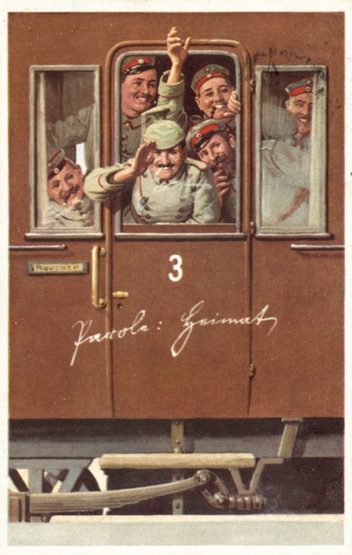 Skupina německých vojáků z první světové války mává z železničního vagónu (barva litho) od German School