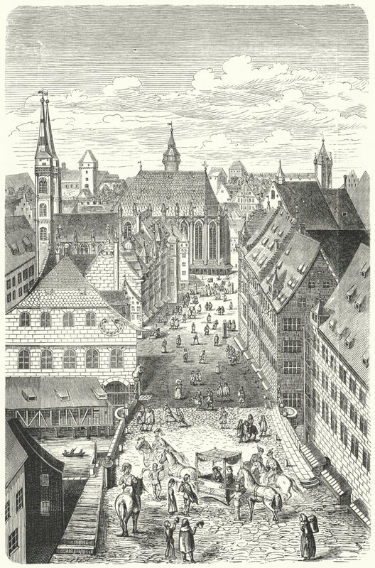 Ulice v Norimberku v 15. století (rytina) od German School