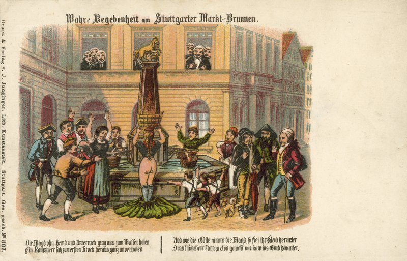 Skutečný příběh ve fontáně na stuttgartském trhu (barevné lito) od German School