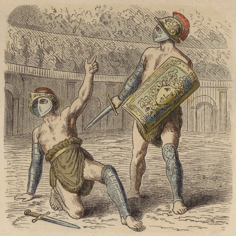 Zraněný římský gladiátor prosící dav o svůj život (barevná rytina) od German School
