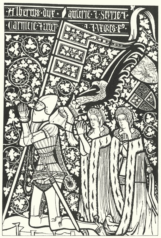 Albert III, vévoda rakouský, se svými dvěma manželkami, Alžbětou Českou a Beatrice Norimberskou (rytina) od German School