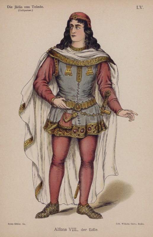 Alfonso VIII, šlechtic, z Die Judin von Toledo (Židovka z Toleda) od Franze Grillparzera (barevné lito) od German School