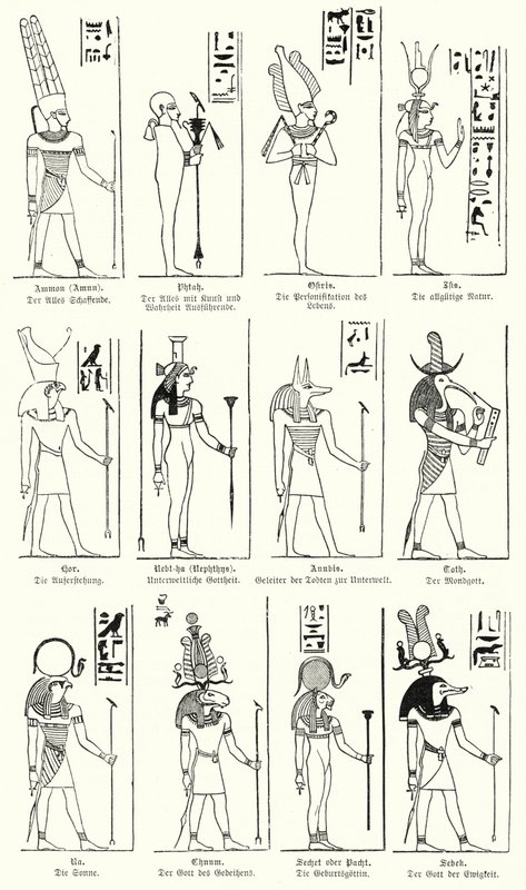Starověcí egyptští bohové a bohyně (rytina) od German School