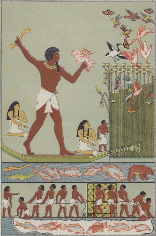 Staří Egypťané loví a loví ptáky (barva litho) od German School