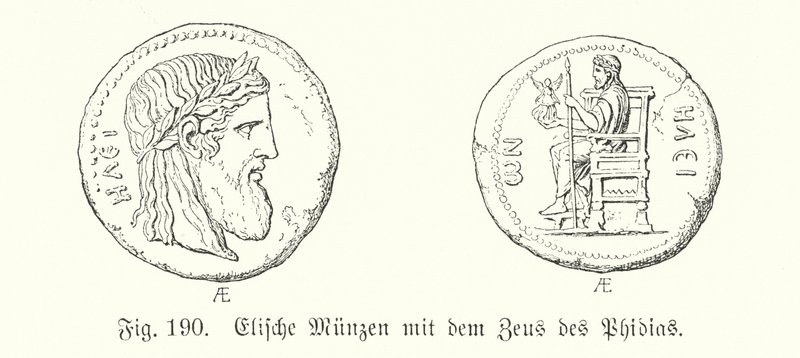 Starověké řecké mince od Elis s vyobrazením Dia z Phidias (rytina) od German School