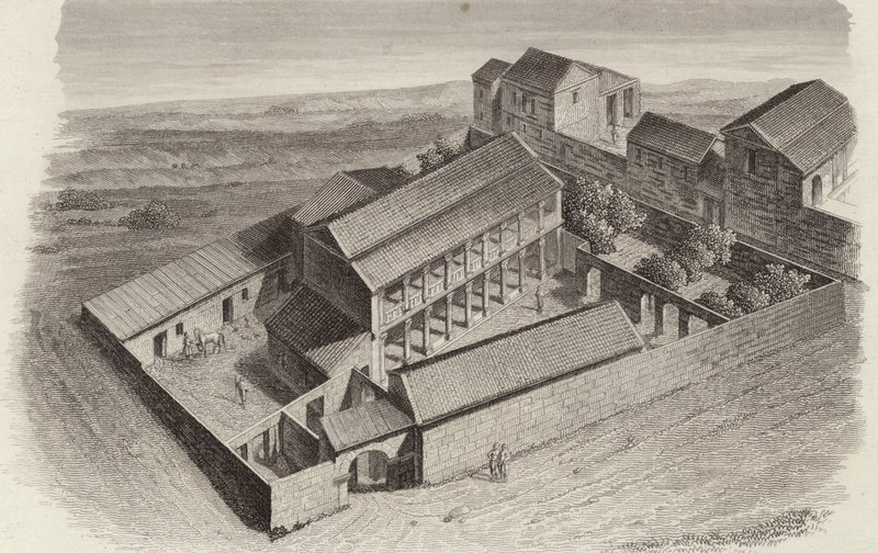 Starověké řecké domy v Moudleja, Sýrie. Ilustrace pro Bilder-Atlas (rytina) od German School