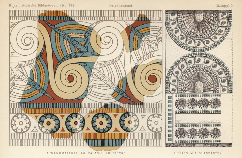 Starořecká nástěnná malba z paláce v Tiryns a vlys se skleněnou pastou zdobenou (barva litho) od German School