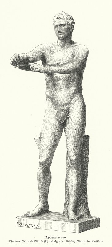 Apoxyomenos, socha sportovce seškrabujícího pot a prach ze svého těla strigilem (rytina) od German School