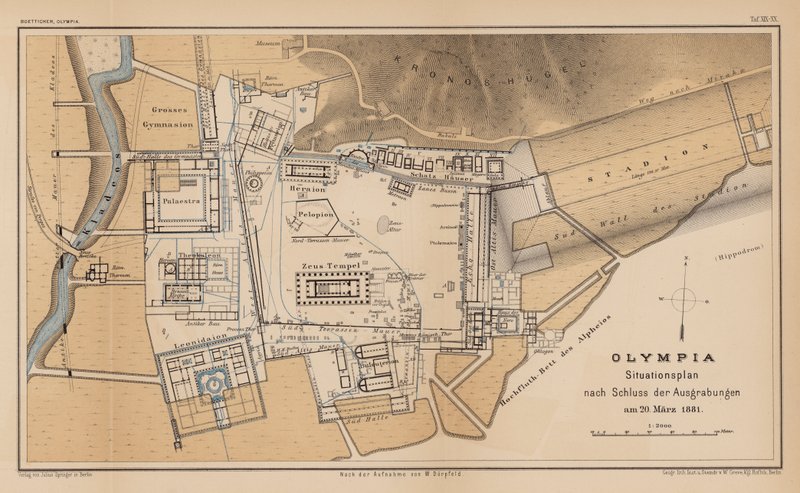 Archeologická mapa Olympie (rytina) od German School