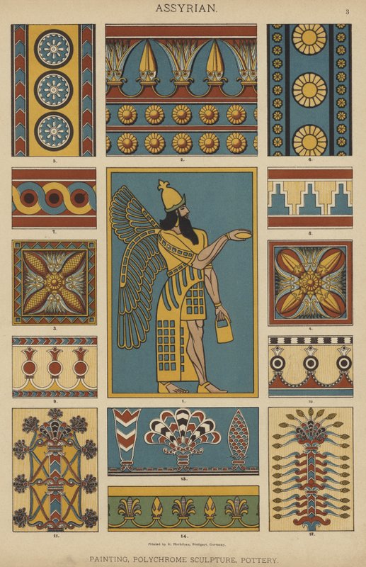asyrština, malba, polychromovaná plastika, keramika (barevné lito) od German School