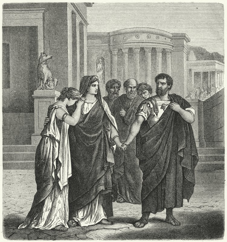 Atilius Regulus se chystá opustit Řím a vrátit se do zajetí v Kartágu (rytina) od German School