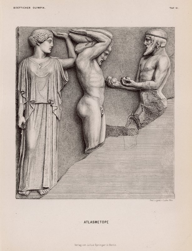 Atlas přinášející Herakla jablka Hesperidek v přítomnosti Athény, metopa z Diova chrámu, Olympie, Řecko (rytina) od German School