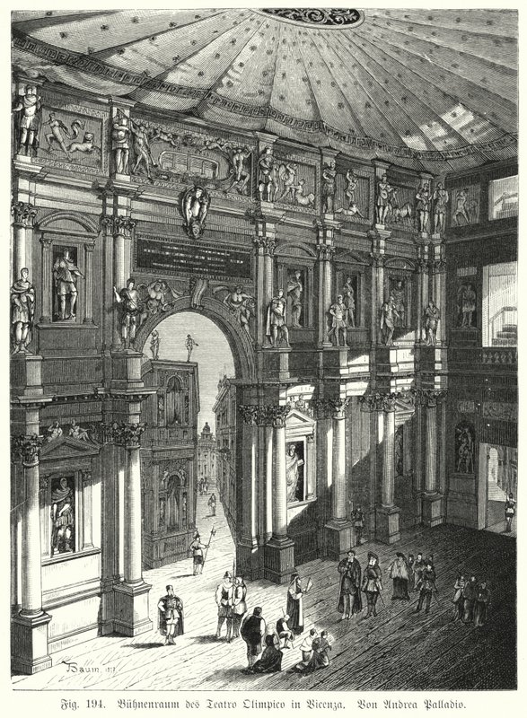 Hlediště a jeviště Teatro Olimpico, Piacenza, Itálie, navržený Andrea Palladio (rytina) od German School