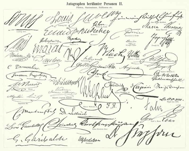 Autogramy slavných lidí: státníci, princové, generálové atd. (rytina) od German School