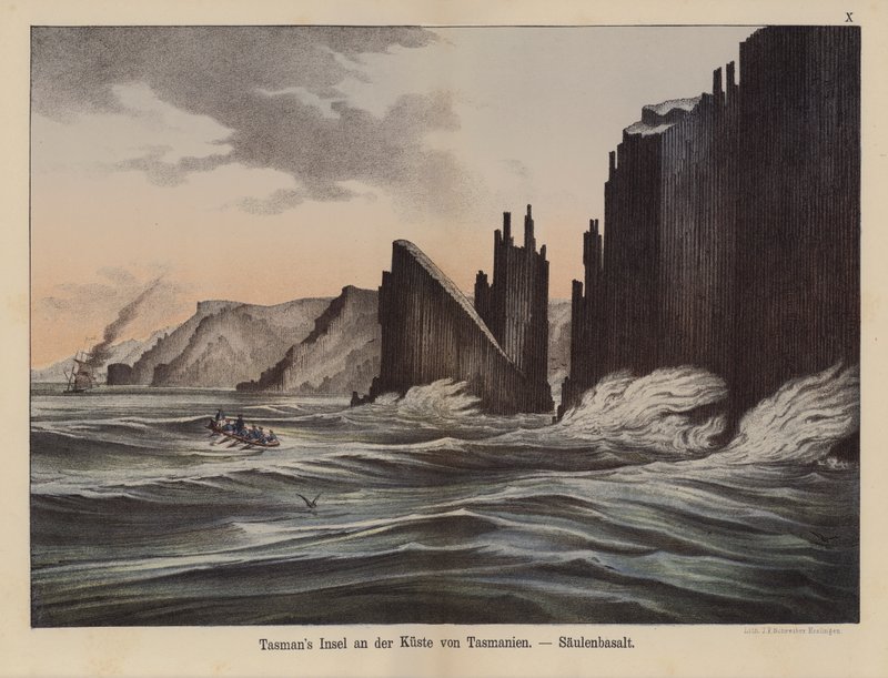 Čedičové sloupy na Tasman Island, Tasmánie, Austrálie (barva litho) od German School