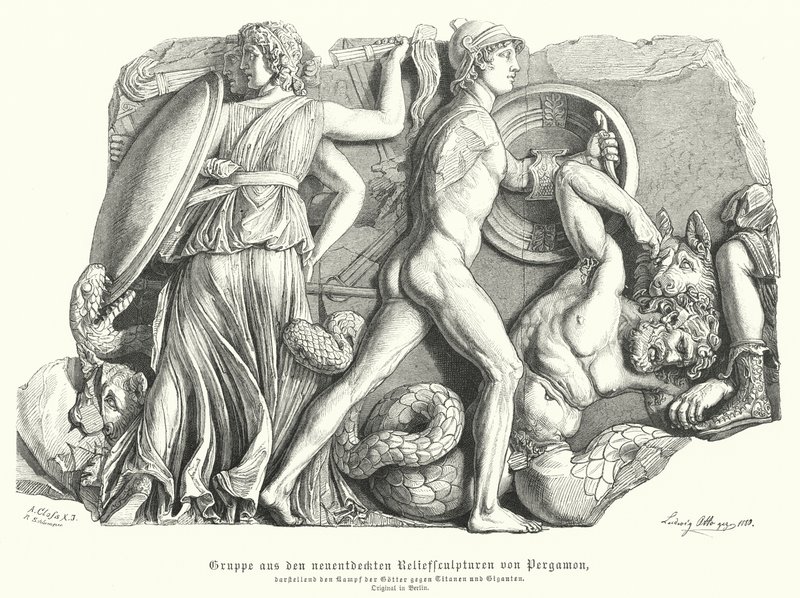 Bitva mezi bohy a titány a obry, starověký řecký reliéf z Pergamonu (rytina) od German School
