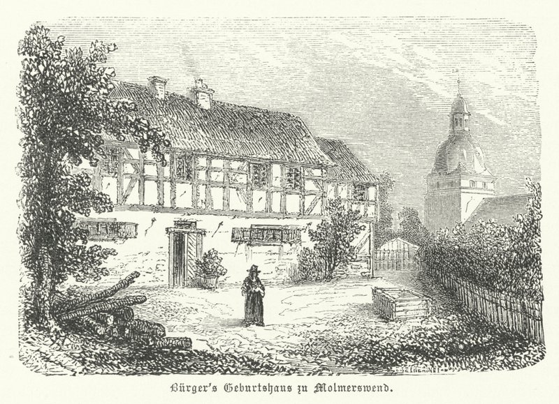 Místo narození německého básníka Gottfrieda Augusta Buergera, Molmerswende (rytina) od German School