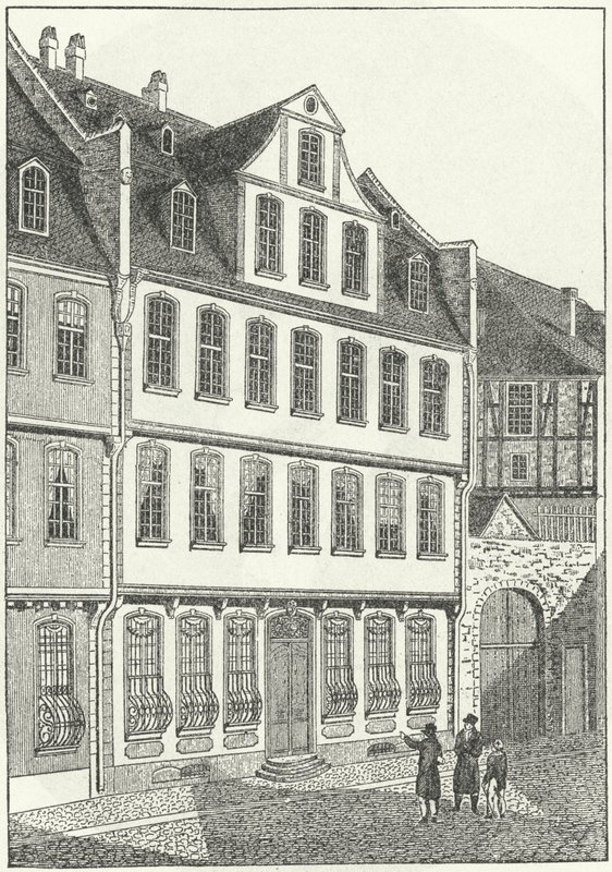 Místo narození německého spisovatele a státníka, Johann Wolfgang von Goethe, Frankfurt, Německo (rytina) od German School