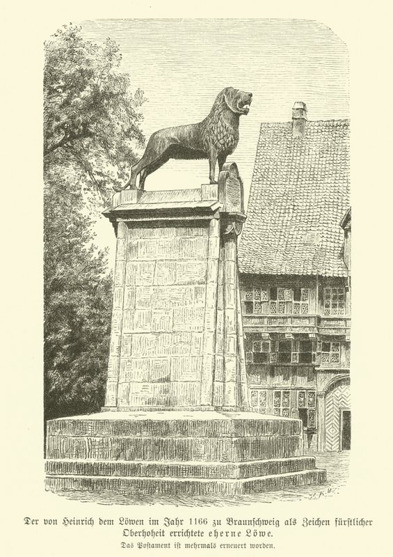Bronzový lev vztyčený Jindřichem Lvem v Brunswicku v roce 1166 (rytina) od German School