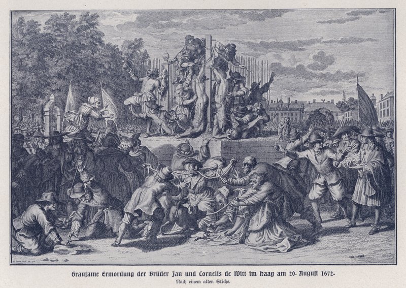 Brutální vražda bratrů Jana a Cornelise de Wittů orangistickým davem, Haag, Nizozemsko, 20. srpna 1672 (litografie) od German School
