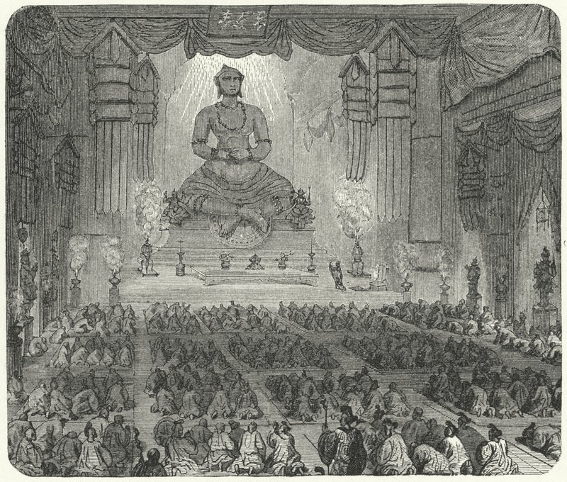 Buddhisté uctívající v klášteře v Pekingu (rytina) od German School