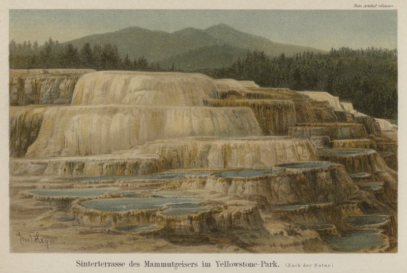Vápnité sintrové terasy v Mammoth Hot Springs v Yellowstonském národním parku, Wyoming (barevné lito) od German School