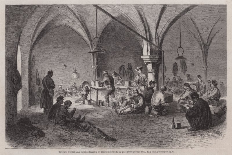 Zajatí Garibalďané a francouzští franko-tireurové na radnici v Dijonu, Francie, francouzsko-pruská válka, polovina prosince 1870 (rytina) od German School