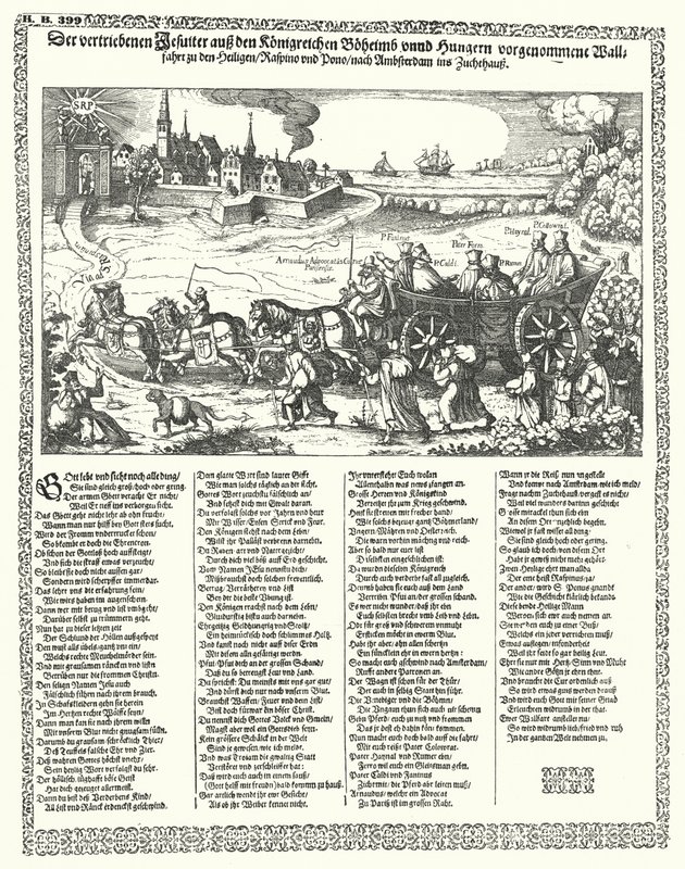 Kreslený film zobrazující jezuity vyhnané z Čech a Uher v roce 1620 na začátku třicetileté války (rytina) od German School