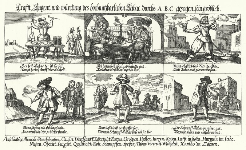 Karikatura o tabáku a kouření dýmky (rytina) od German School