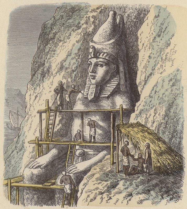 Vyřezávání sochy starověkého egyptského faraona ze skalní stěny (barevná rytina) od German School