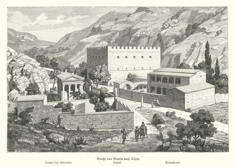 Hrad na cestě z Eleusis do Athén, starověké Řecko (rytina) od German School