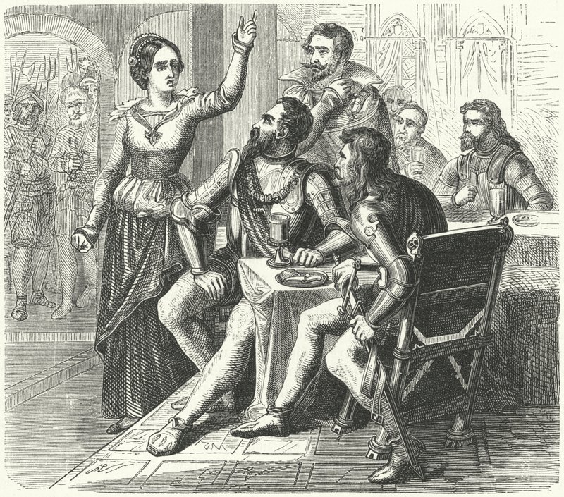 Kateřina ze Schwarzburgu ohrožující vévodu z Alby (rytina) od German School