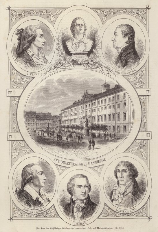 Stoleté výročí Dvorního a Národního divadla, Mannheim, Německo (rytina) od German School