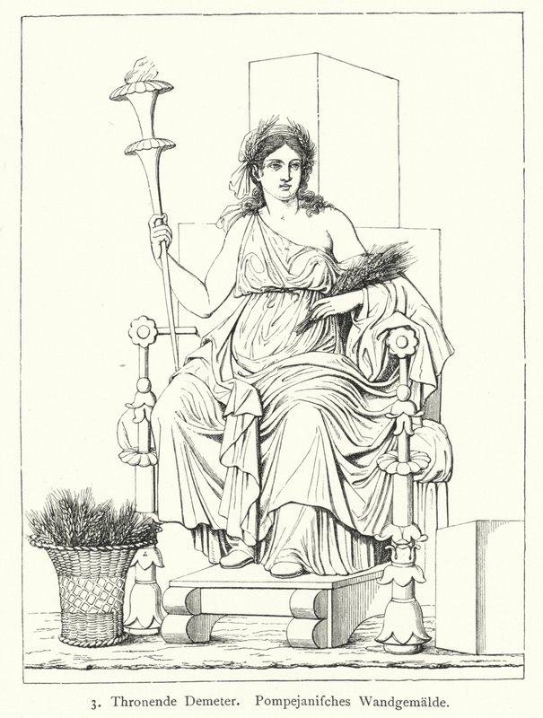 Ceres, římská bohyně sklizně, trůnící, nástěnná malba z Pompejí (rytina) od German School